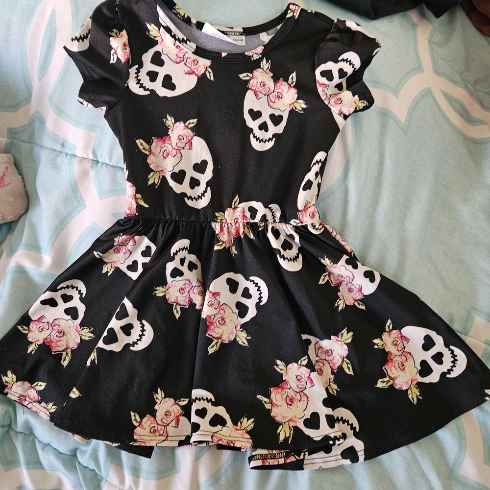 Dot Dot Smile Black Dress with Floral Skull Design